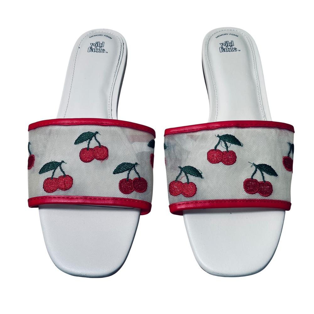 Wild Fable Womens Cherry Embroidered Mesh Slide Sandals Red White 7.5